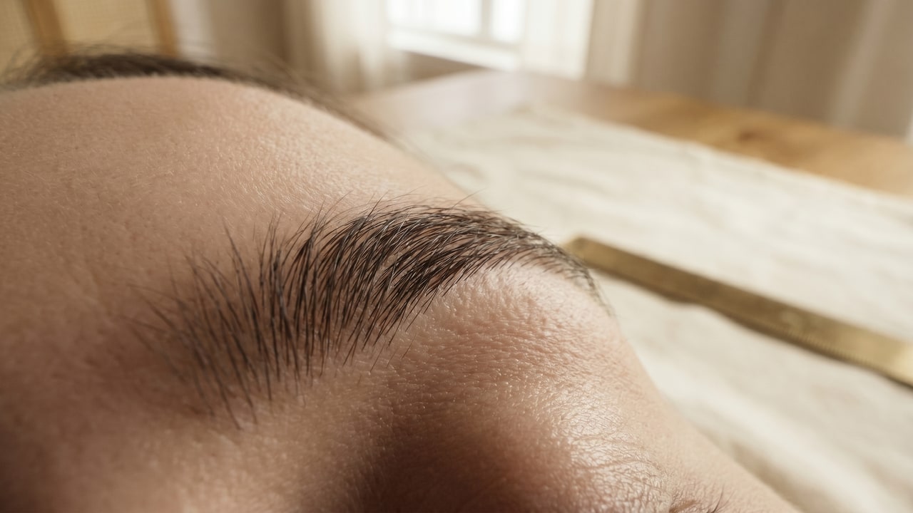 Gros plan macro sur un sourcil aux poils clairsemés par endroits sur une peau saine