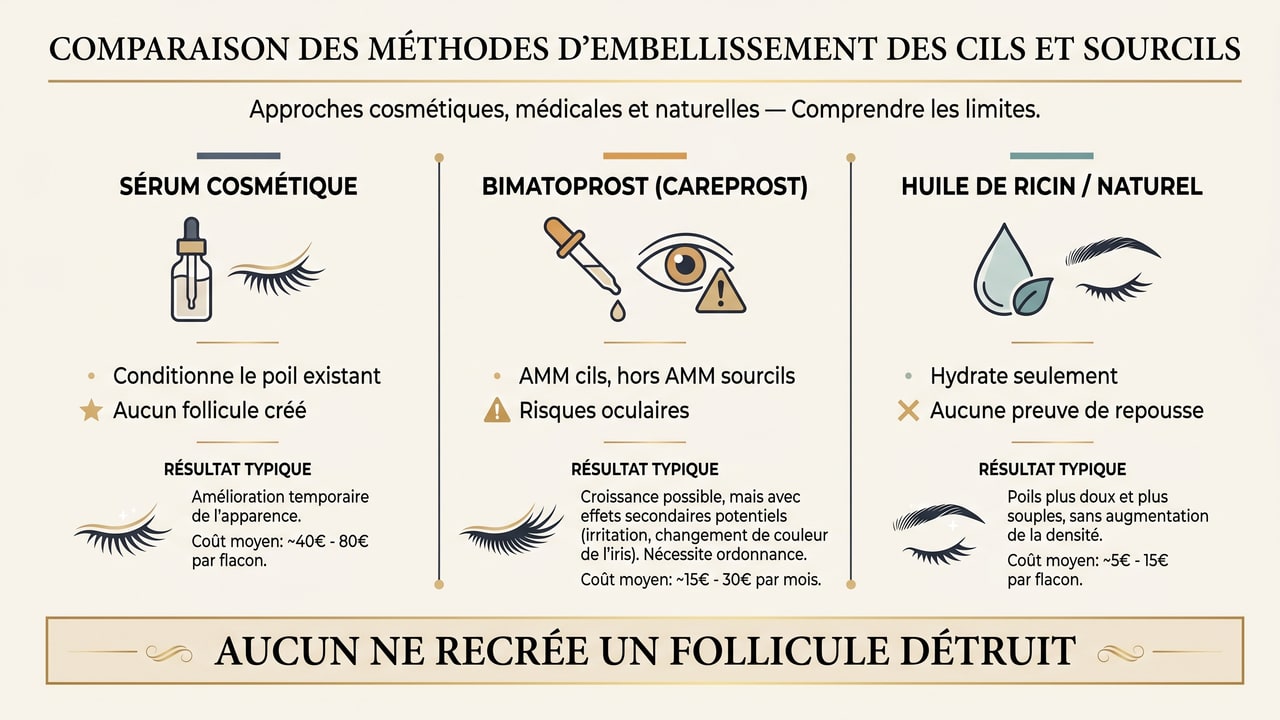 Infographie comparant les sérums cosmétiques, le bimatoprost et l’huile de ricin pour les sourcils