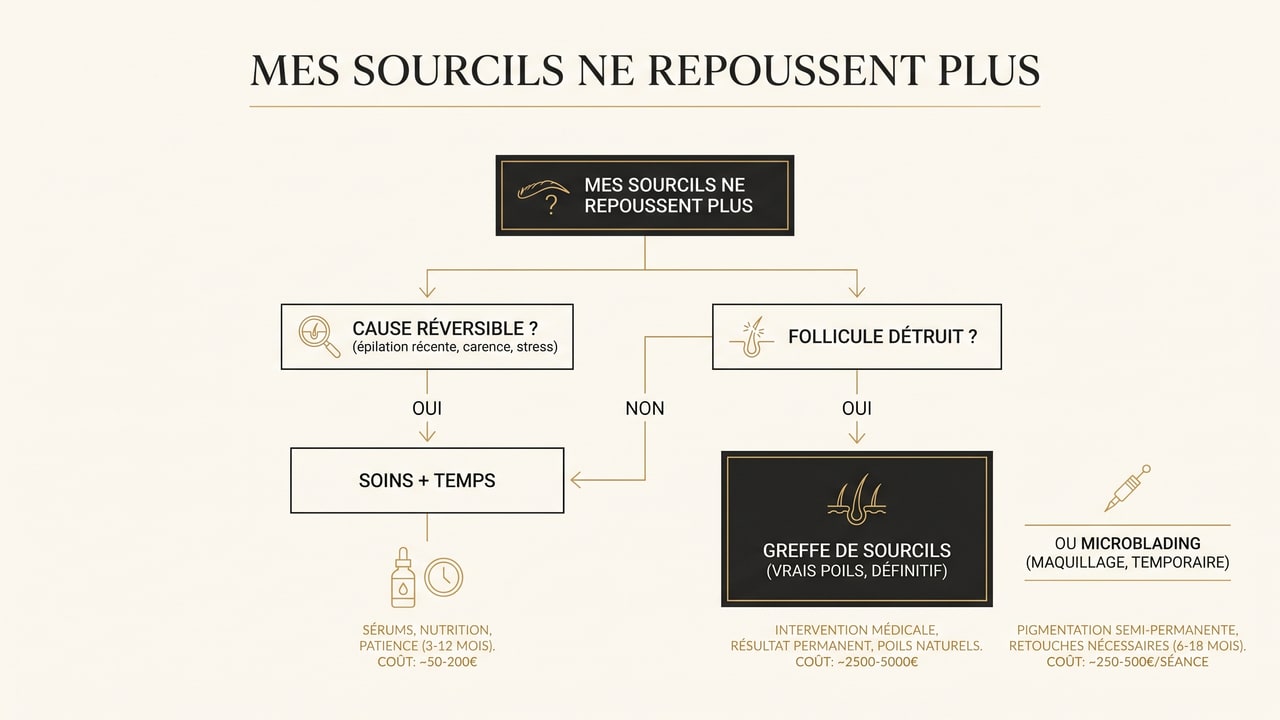 Arbre de décision pour la repousse des sourcils : soins, greffe ou microblading selon la cause