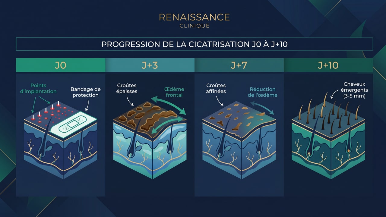 Cicatrisation greffe cheveux J0 à J+10 : œdème, croûtes et résolution