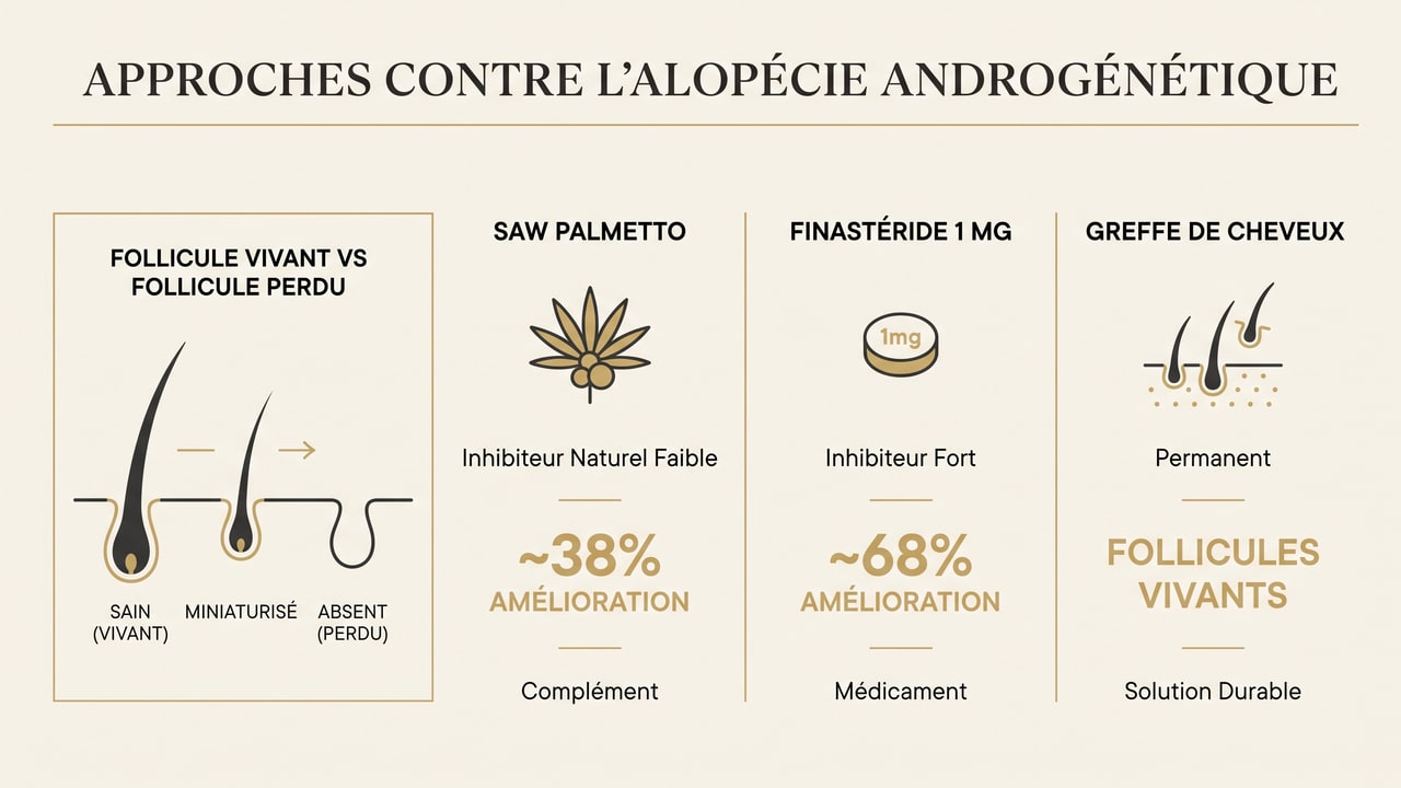 Infographie comparant saw palmetto, finastéride et greffe de cheveux selon l'efficacité, le statut et l'état du follicule.