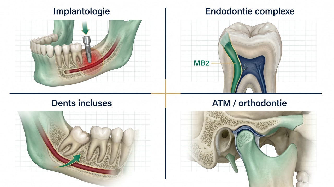 Quatre indications cliniques principales du scanner 3D dentaire : implantologie, endodontie, dents incluses, ATM