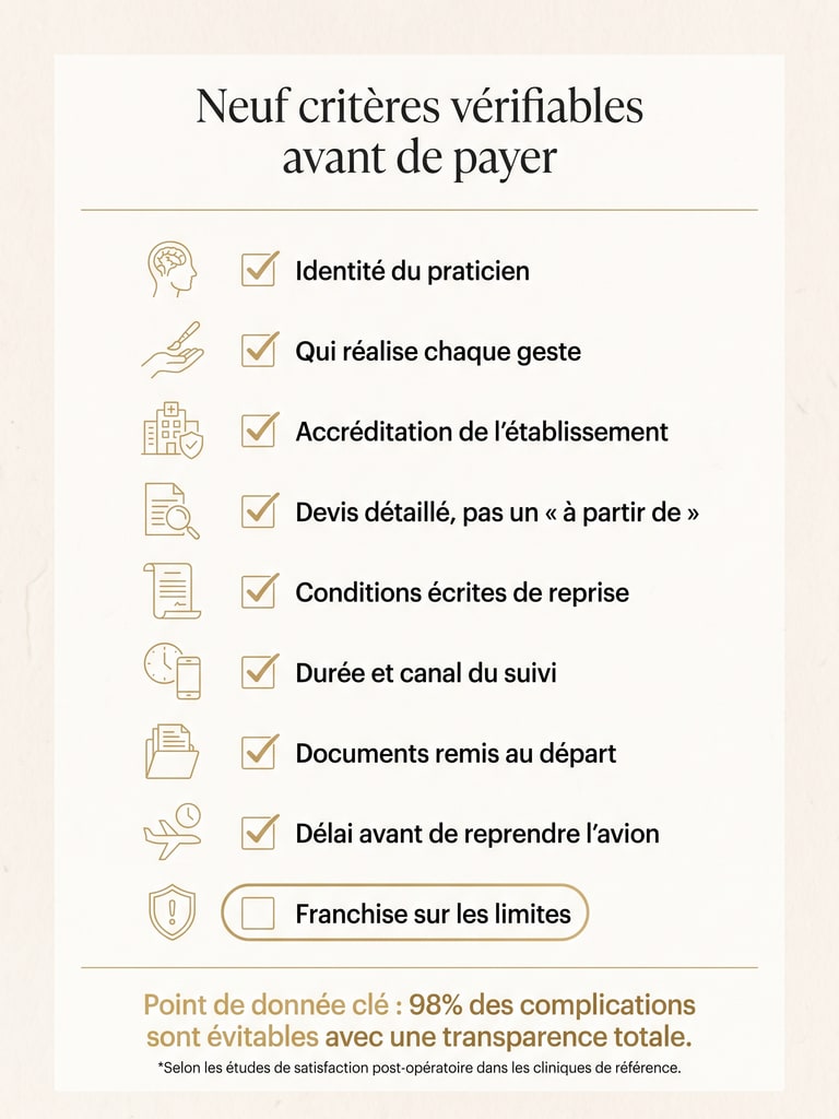 Checklist des neuf critères vérifiables avant de s'engager avec une clinique à l'étranger, de l'identité du praticien aux conditions écrites de reprise et à la durée du suivi post-opératoire