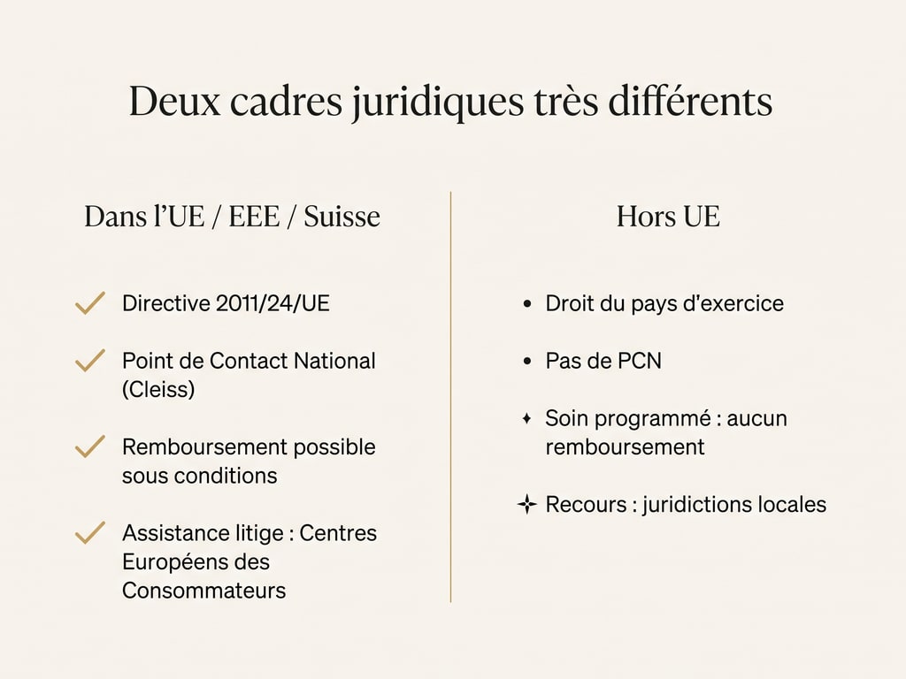 Diagramme comparant le cadre juridique applicable à une opération dans l'Union européenne, encadrée par la directive 2011/24/UE et le point de contact national, et hors Union européenne, où s'applique le droit du pays d'exercice