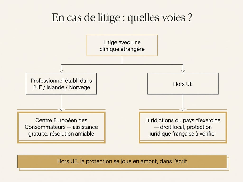 Diagramme des voies de recours en cas de litige avec une clinique étrangère : assistance gratuite du Centre Européen des Consommateurs dans l'Union européenne, juridictions locales hors Union européenne