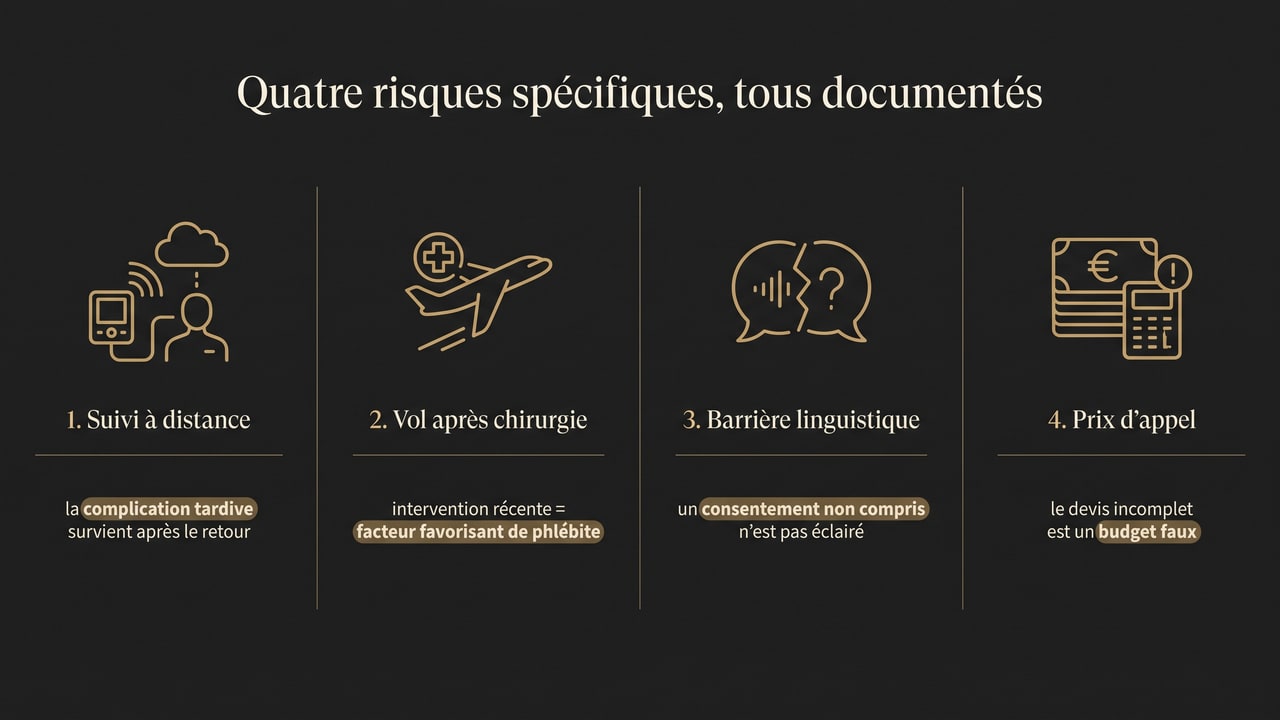 Infographie présentant les quatre risques spécifiques d'une chirurgie à l'étranger : suivi post-opératoire à distance, vol après l'intervention, barrière linguistique et consentement, et écart entre prix d'appel et budget réel