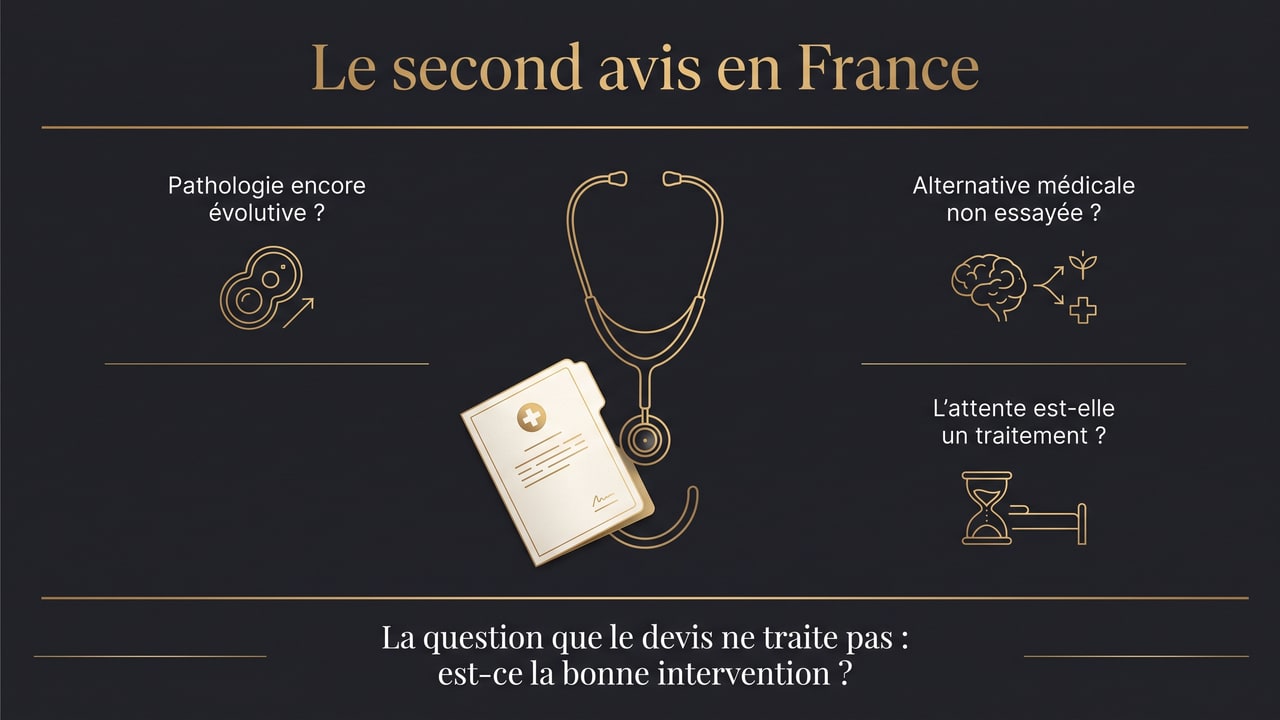 Illustration conceptuelle du second avis médical en France avant une chirurgie à l'étranger, symbolisé par un stéthoscope formant un point d'interrogation au-dessus d'un dossier médical