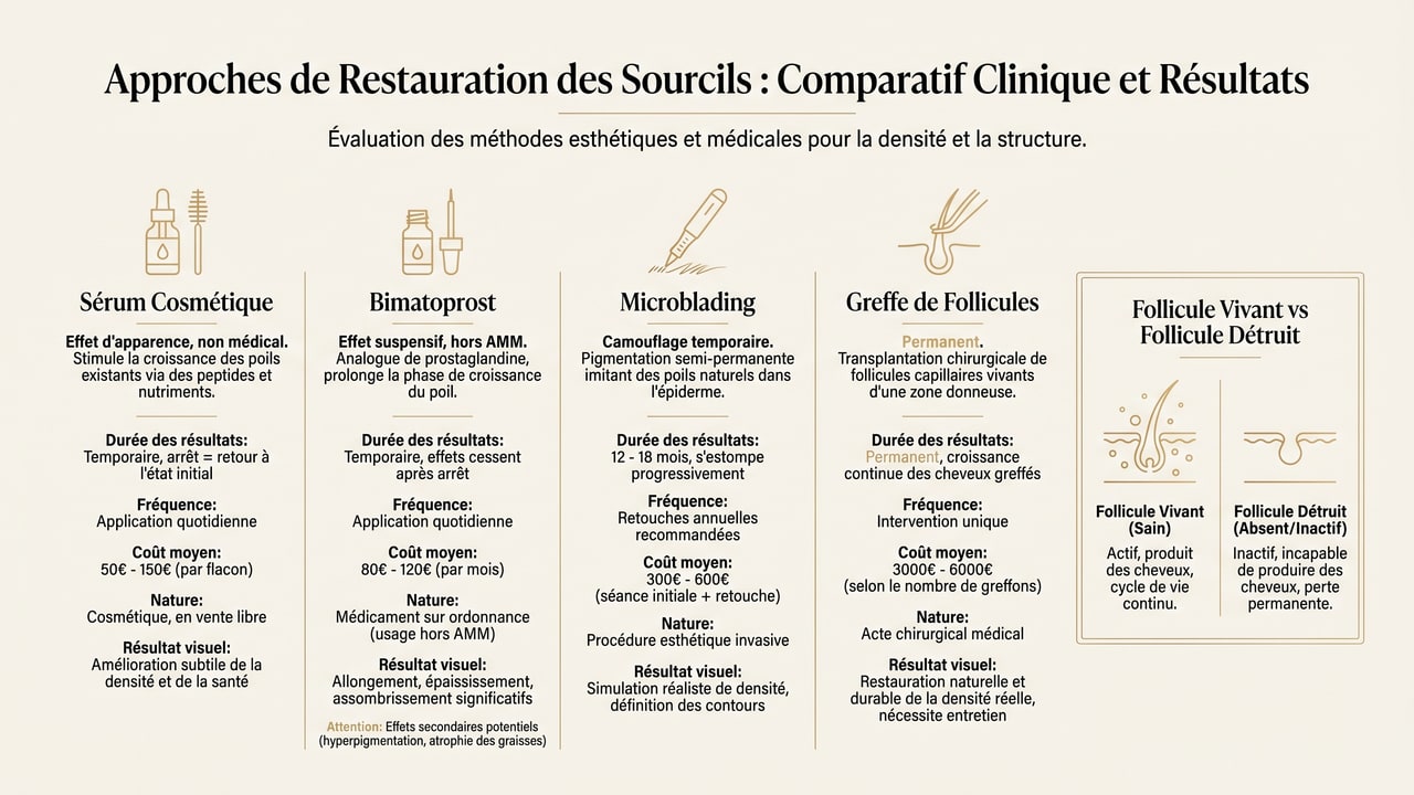 Infographie comparant sérum cosmétique, bimatoprost, microblading et greffe selon l'état du follicule et la durabilité.