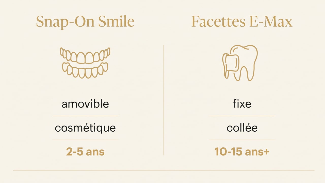 Infographie comparant le Snap-On Smile amovible et les facettes E-Max fixes
