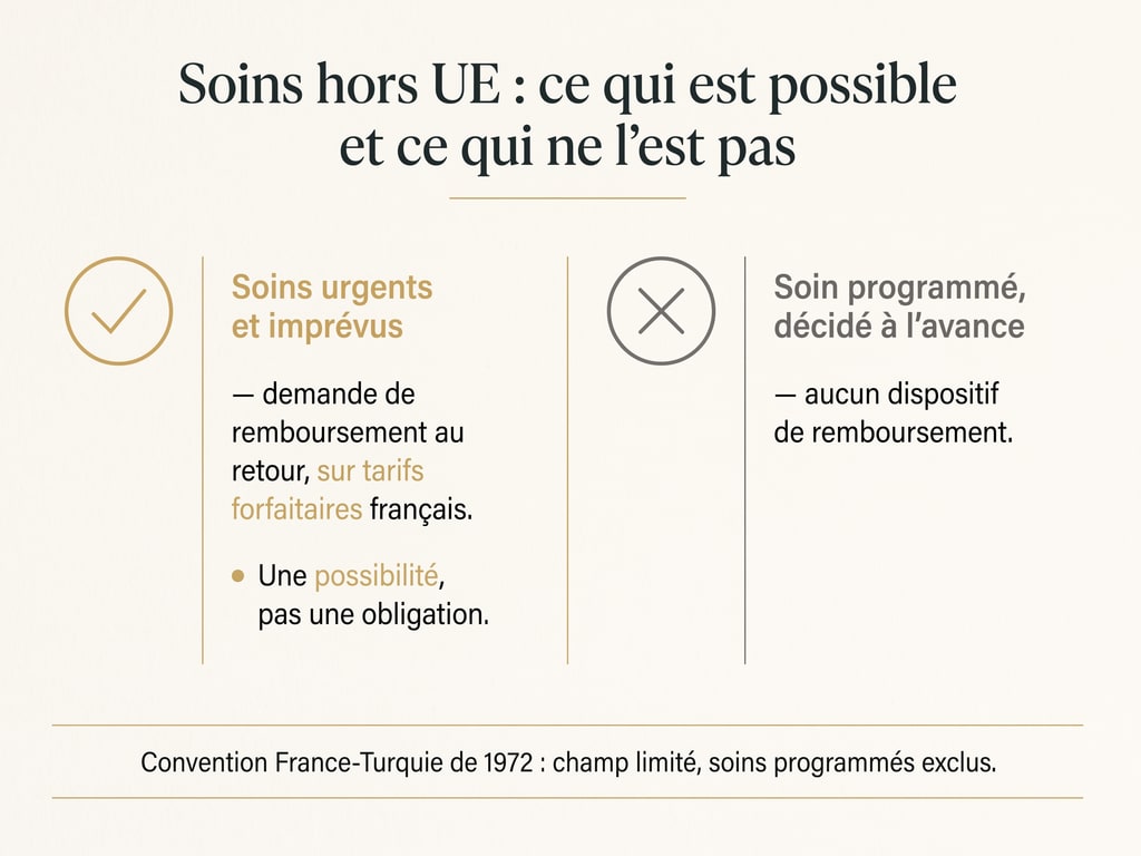 Infographie opposant les soins urgents et imprévus hors UE, qui peuvent faire l'objet d'un remboursement exceptionnel au retour, aux soins programmés, exclus de tout dispositif de prise en charge