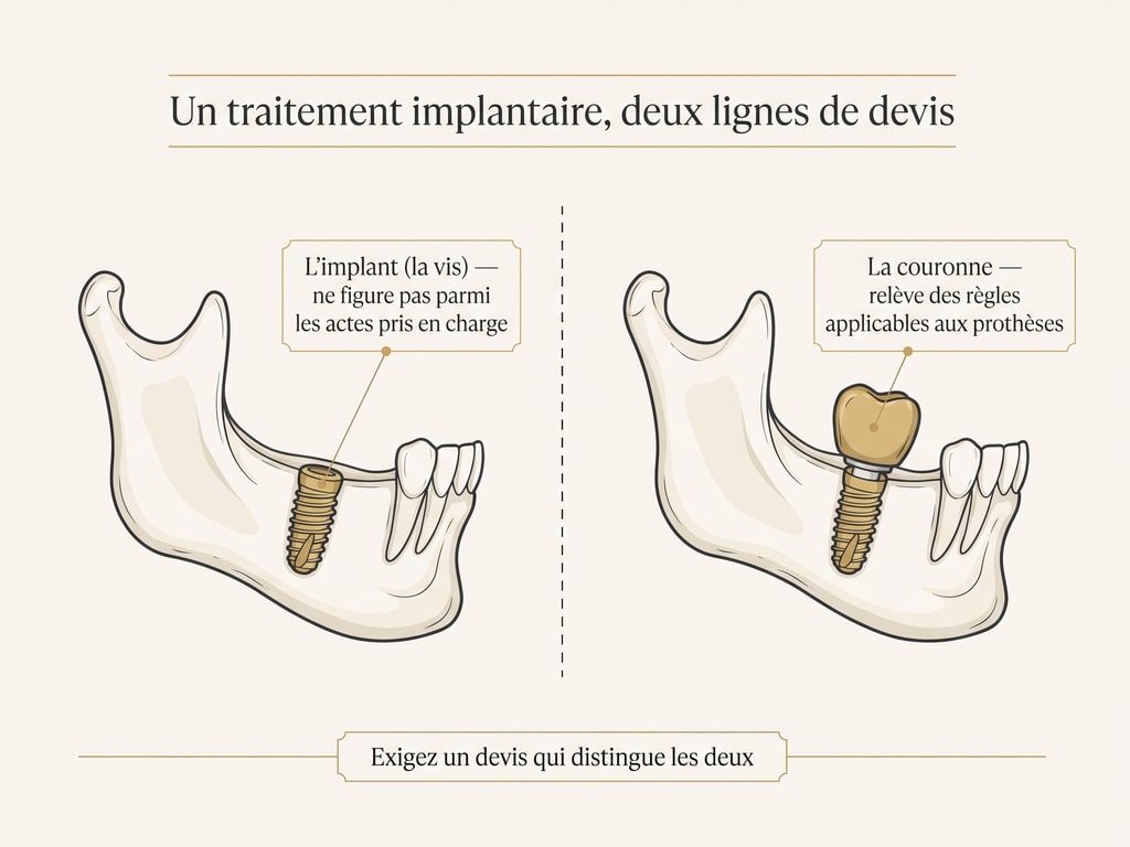 Schéma d'un traitement implantaire distinguant l'implant, la vis insérée dans l'os qui ne figure pas parmi les actes pris en charge, et la couronne posée dessus, qui relève des règles applicables aux prothèses