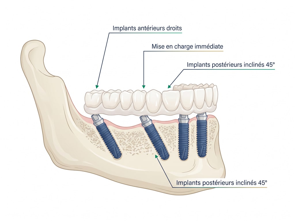 Schéma anatomique du protocole all-on-4 — 4 implants (2 droits + 2 inclinés) supportant une prothèse complète