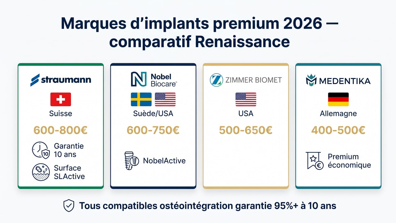 Comparatif des marques d'implants dentaires premium — Straumann, Nobel Biocare, Zimmer, Medentika avec prix Renaissance