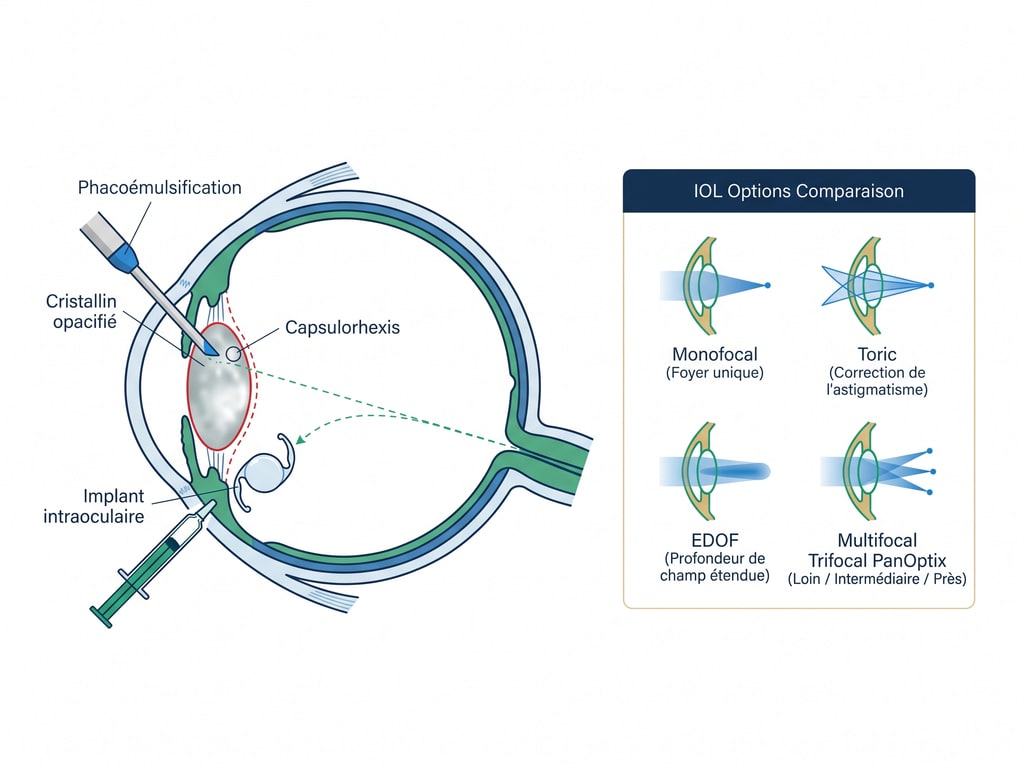 Schéma anatomique de la chirurgie de la cataracte avec implant intraoculaire — options monofocal, toric, EDOF, multifocal trifocal