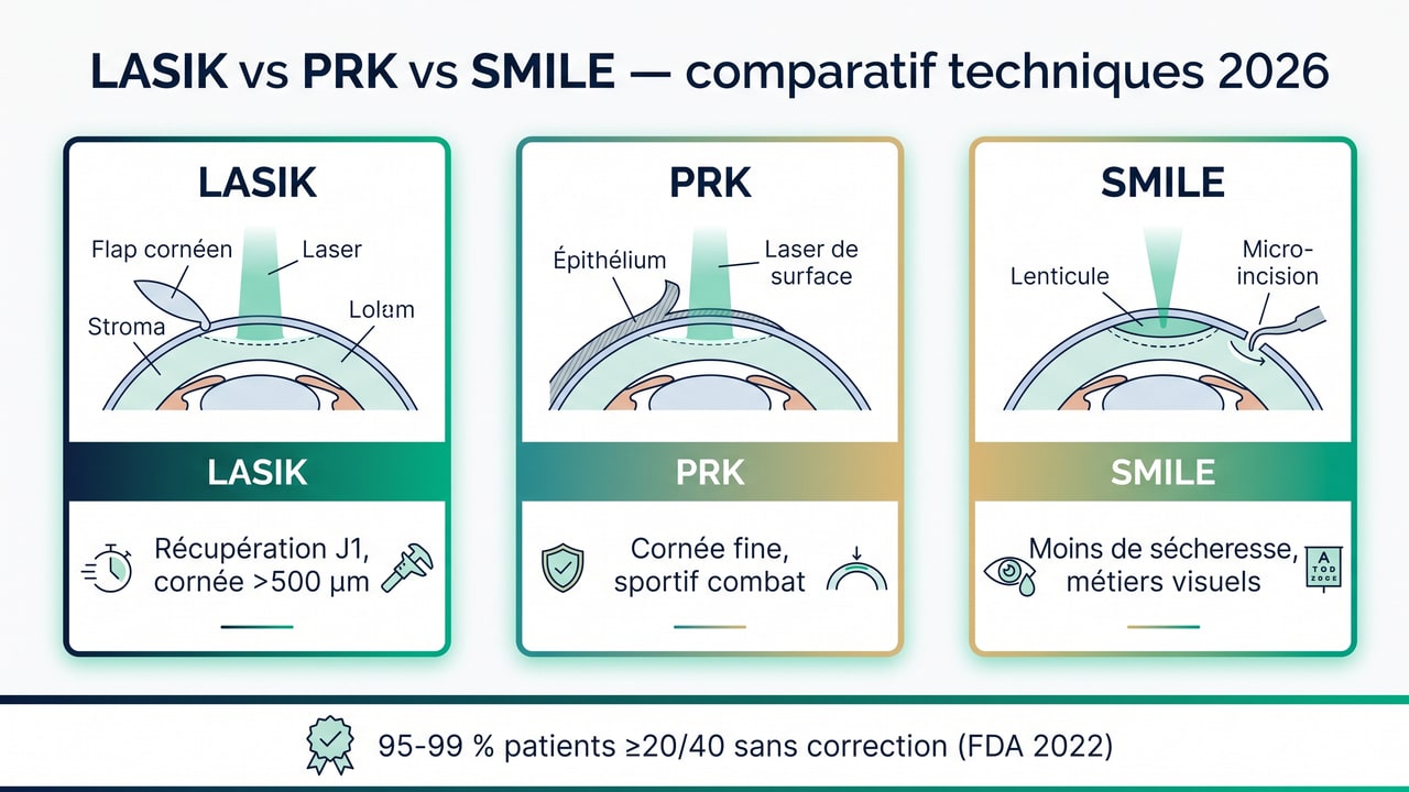 Comparatif des techniques de chirurgie réfractive LASIK, PRK et SMILE — indications, récupération, profil patient