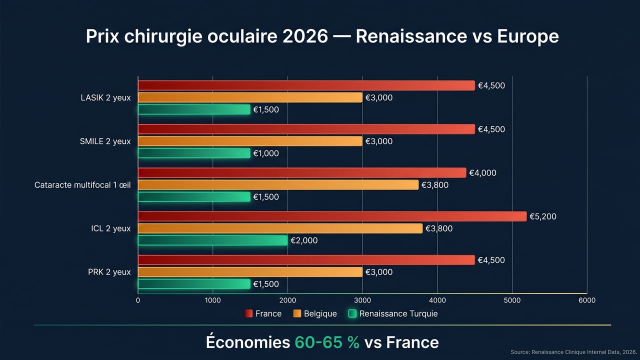 Comparatif prix chirurgie oculaire Turquie vs France/Belgique/Suisse — économies 60-65 % avec Renaissance Clinique