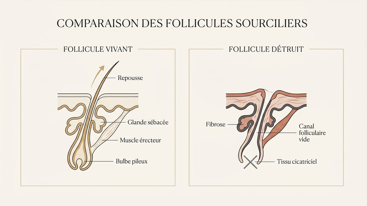Schéma comparant un follicule de sourcil vivant qui repousse à un follicule détruit cicatriciel sans repousse.