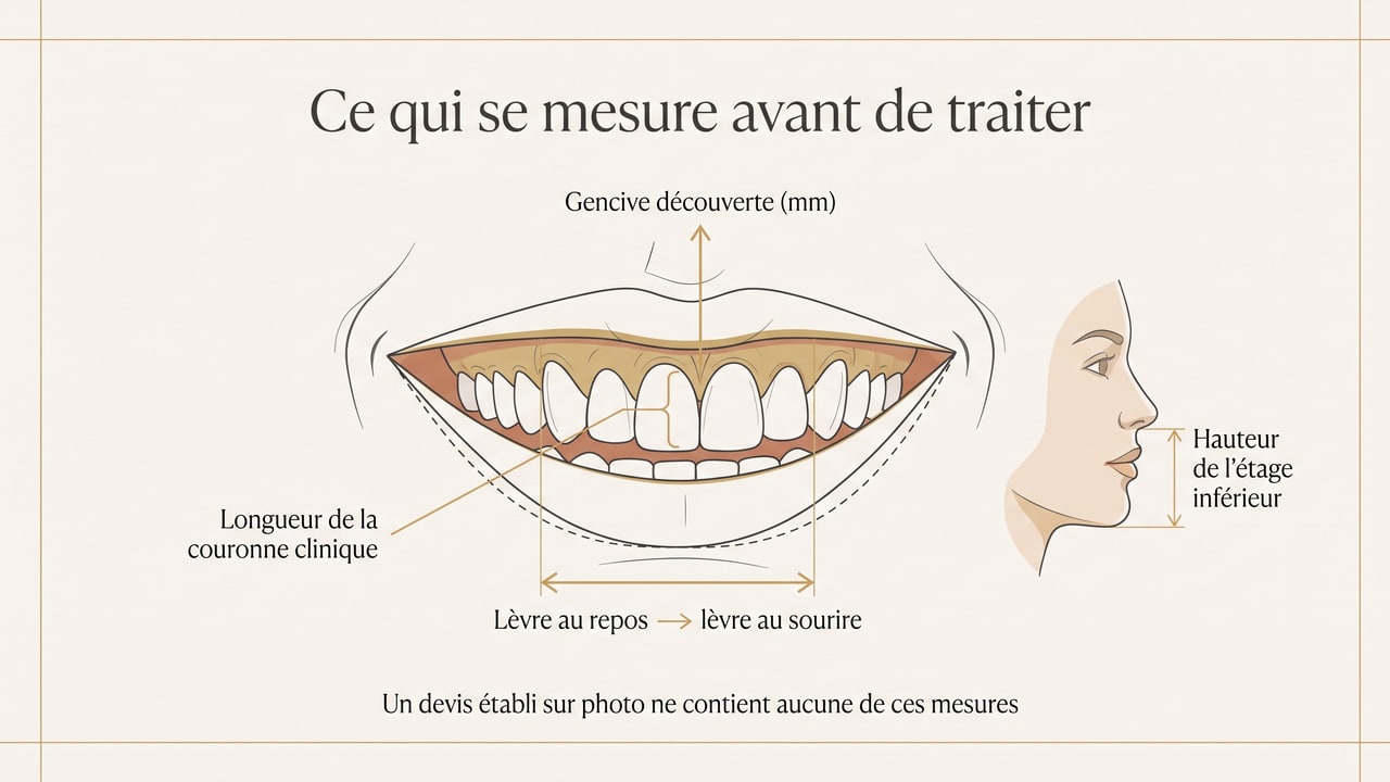 Schéma des mesures cliniques permettant d'identifier la cause d'un sourire gingival : gencive découverte, longueur de couronne clinique, mobilité labiale et hauteur de l'étage inférieur du visage