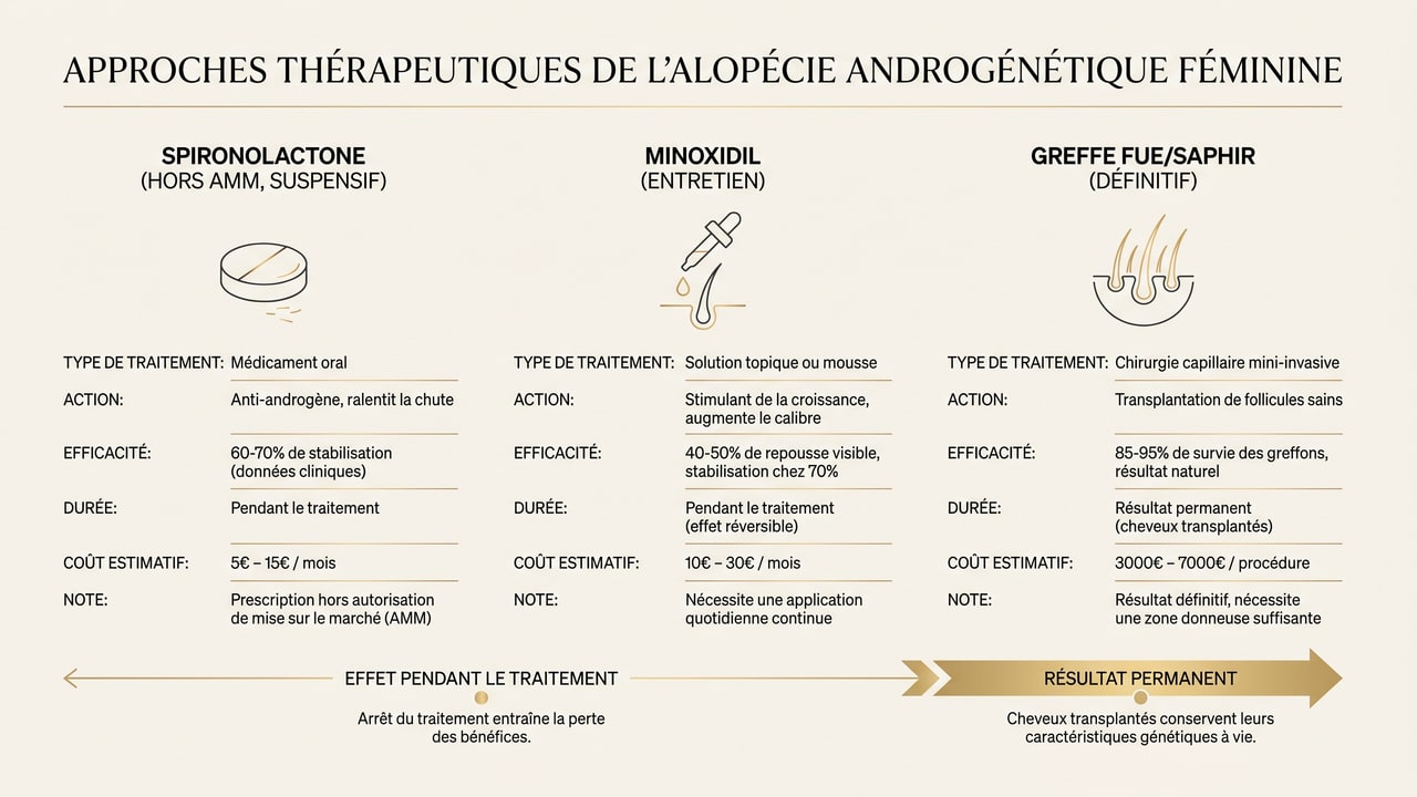 Infographie comparant spironolactone, minoxidil et greffe de cheveux pour l'alopécie féminine