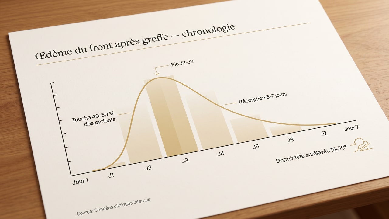 Graphique de l'évolution de l'œdème du front après une greffe de cheveux — montée J1-J2, pic J2-J3, résorption en 5 à 7 jours