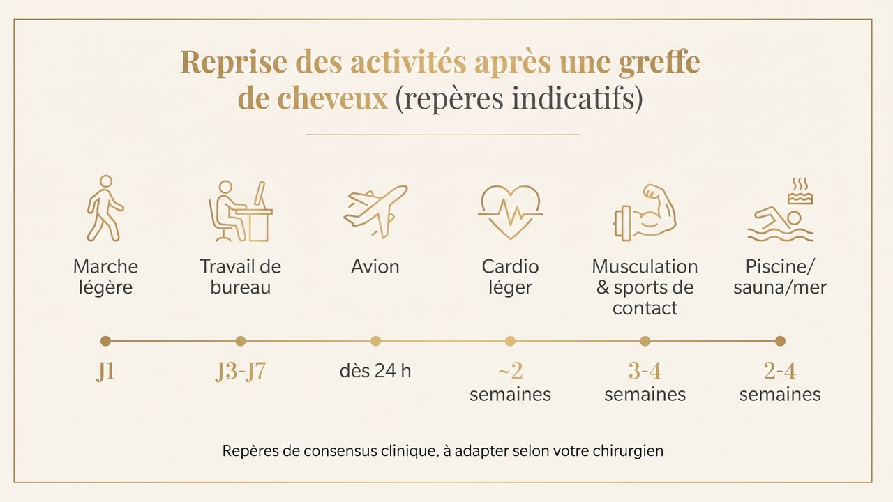 Frise des délais indicatifs de reprise des activités après une greffe de cheveux : marche, travail, avion, sport, piscine et sauna