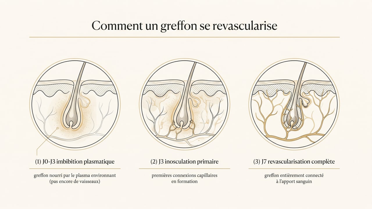 Schéma anatomique de la revascularisation d'un greffon : imbibition plasmatique J0-J3, inosculation J3, revascularisation complète J7