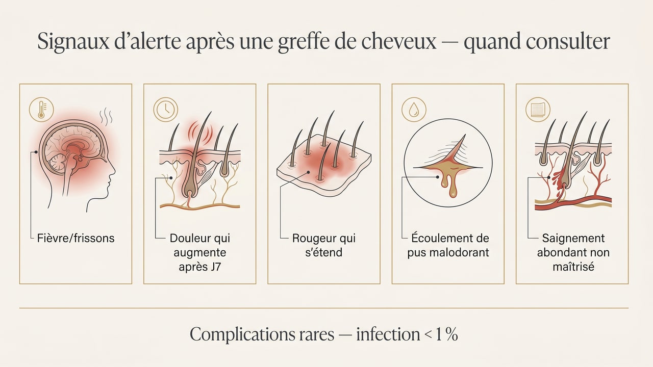 Schéma des signaux d'alerte après une greffe de cheveux justifiant une consultation : fièvre, douleur croissante, rougeur extensive, pus, saignement
