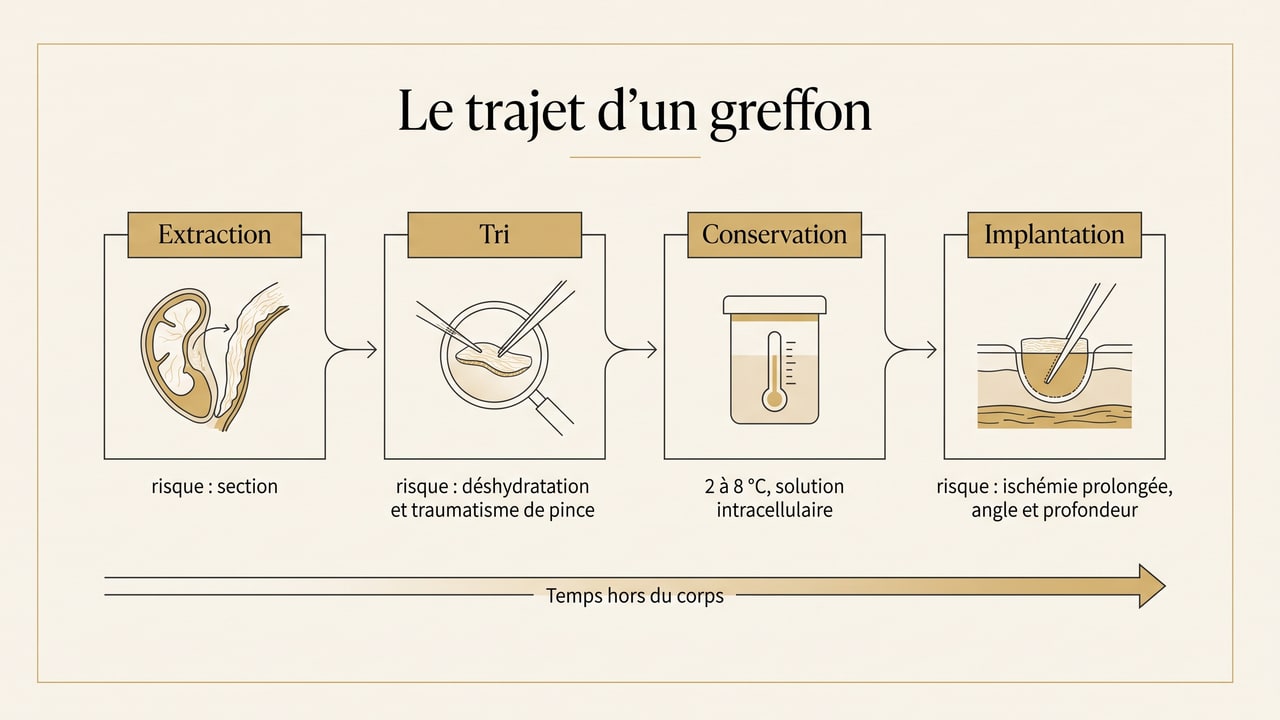 Schéma du trajet d'un greffon en quatre étapes — extraction, tri, conservation entre 2 et 8 °C, implantation — avec le risque propre à chaque étape et le temps hors du corps qui court sur l'ensemble de la chaîne
