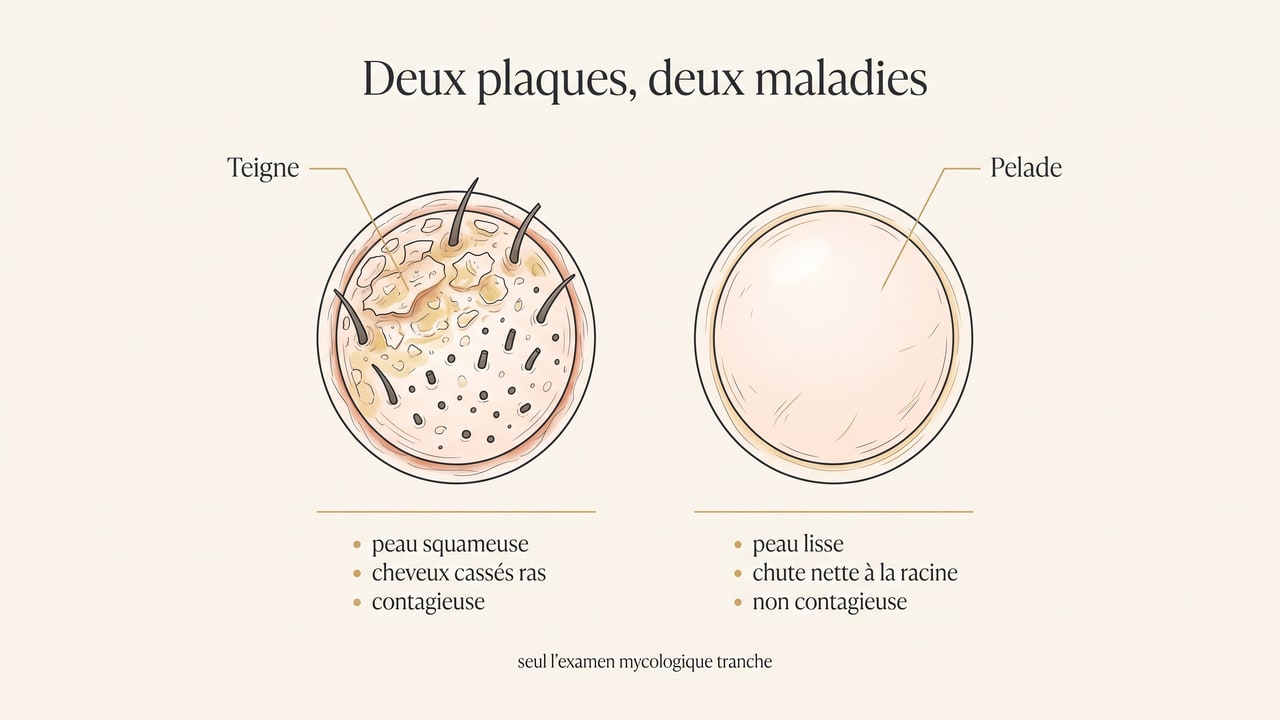 Schéma comparant l'aspect d'une plaque de teigne, squameuse avec cheveux cassés, et d'une plaque de pelade, à peau lisse