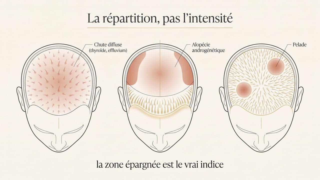 Schéma comparant la répartition d'une chute diffuse, d'une alopécie androgénétique et d'une pelade sur le cuir chevelu