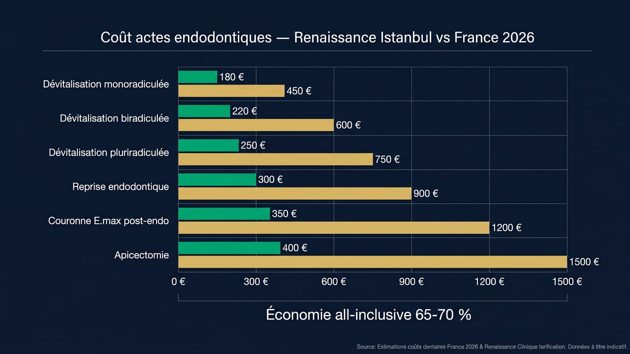 Comparaison tarifaire des actes endodontiques entre Renaissance Clinique Istanbul et la France en 2026