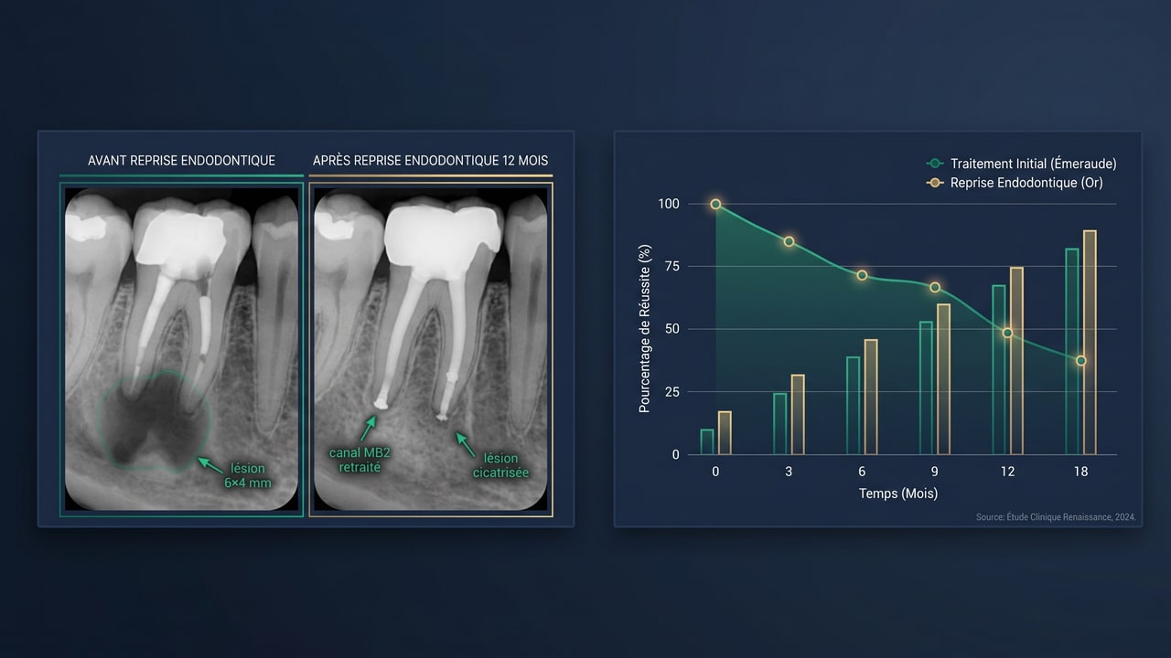 Comparaison radiologique avant et après reprise endodontique sur molaire mandibulaire à 12 mois