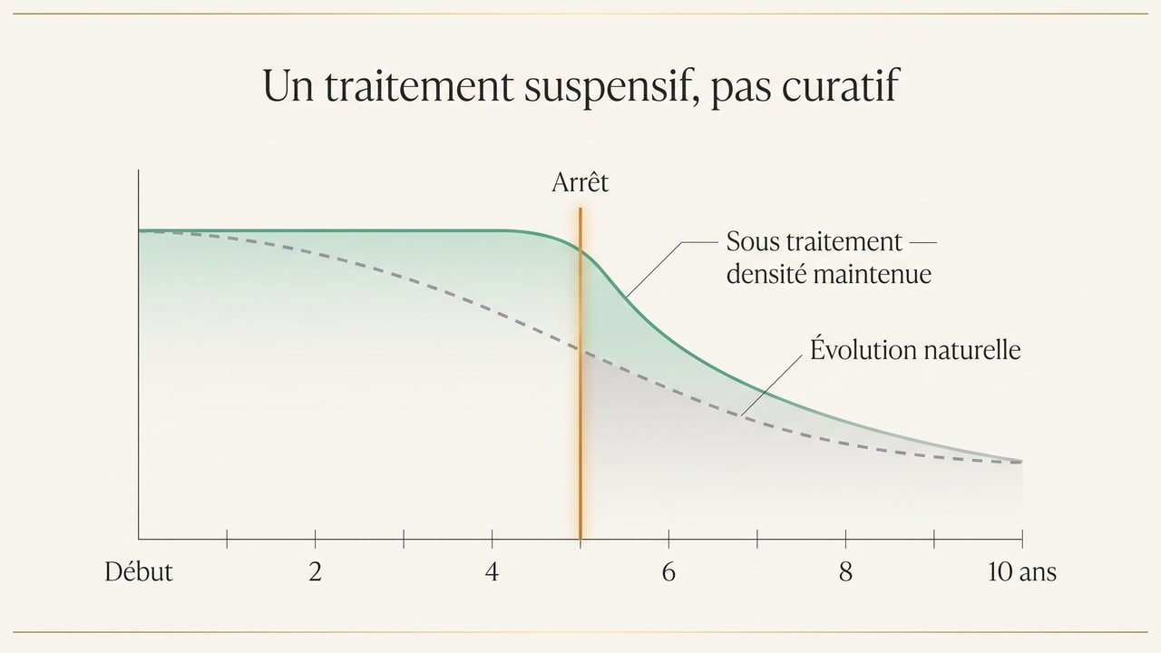 Schéma montrant qu'un traitement de la calvitie est suspensif : la densité se maintient sous traitement, mais à l'arrêt la courbe rejoint celle de l'évolution naturelle