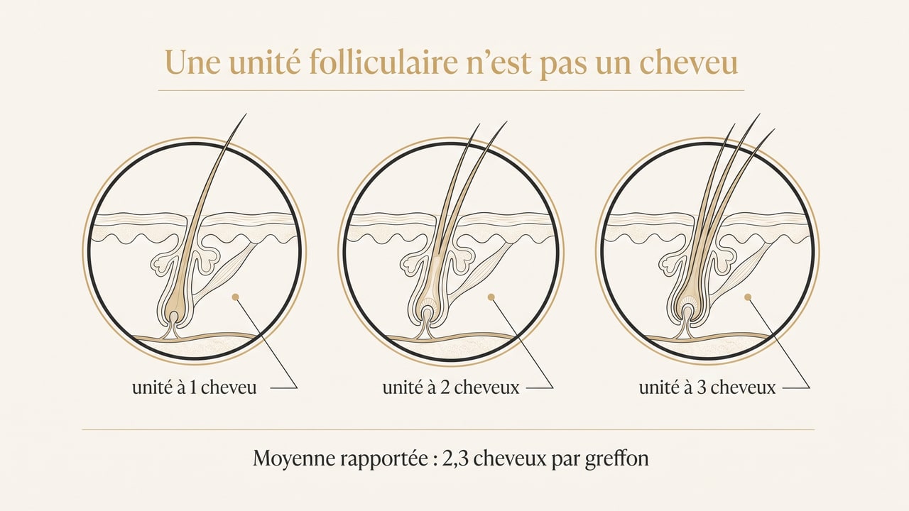 Schéma montrant des unités folliculaires contenant un, deux et trois cheveux, avec la moyenne rapportée de 2,3 cheveux par greffon