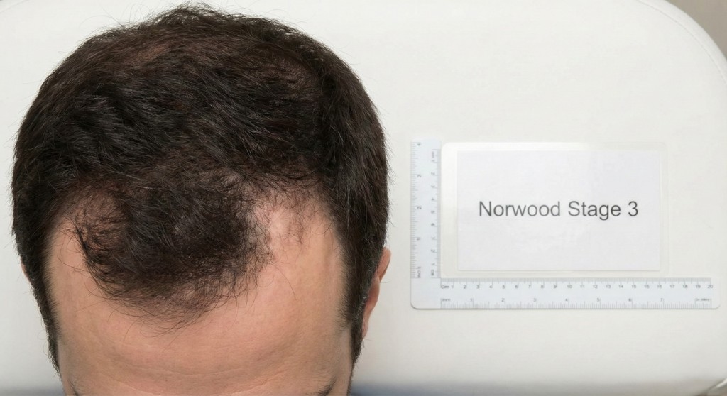 Vue du dessus du cuir chevelu d'un homme présentant une calvitie stade 3 de l'échelle de Norwood-Hamilton — Stade 3 — Calvitie débutante