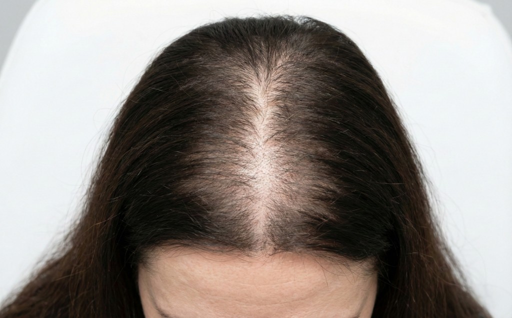 Vue de dessus du cuir chevelu d'une femme présentant une alopécie féminine de type Ludwig Stade 2, avec un éclaircissement significatif le long de la raie médiane et une densité capillaire réduite sur le sommet du crâne