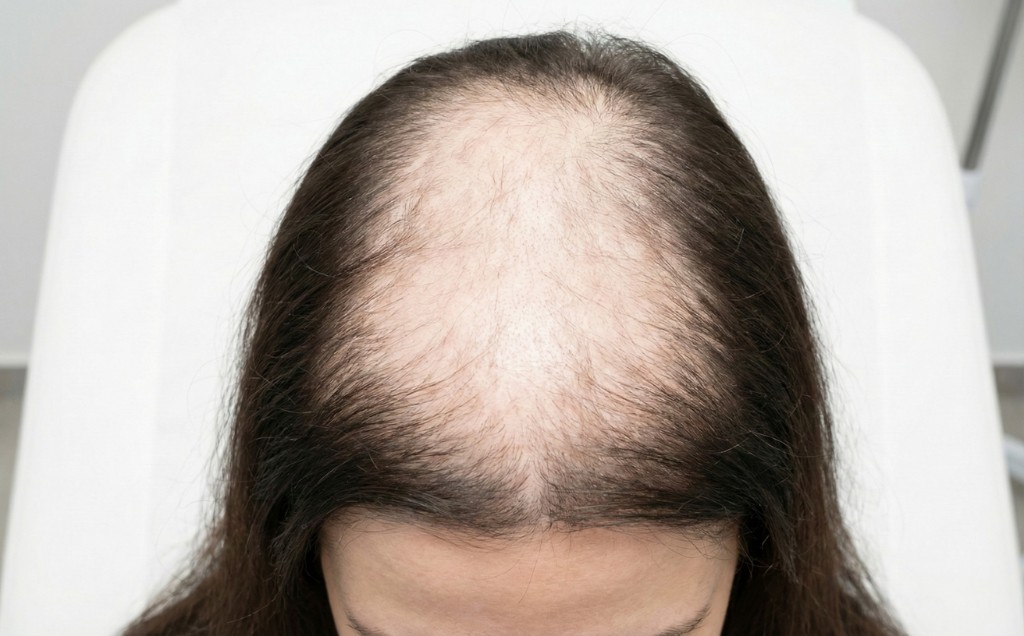 Vue de dessus du cuir chevelu féminin présentant une alopécie Ludwig stade 3 : zone quasi chauve au sommet du crâne, cuir chevelu largement visible, raréfaction diffuse sévère, ligne frontale encore préservée