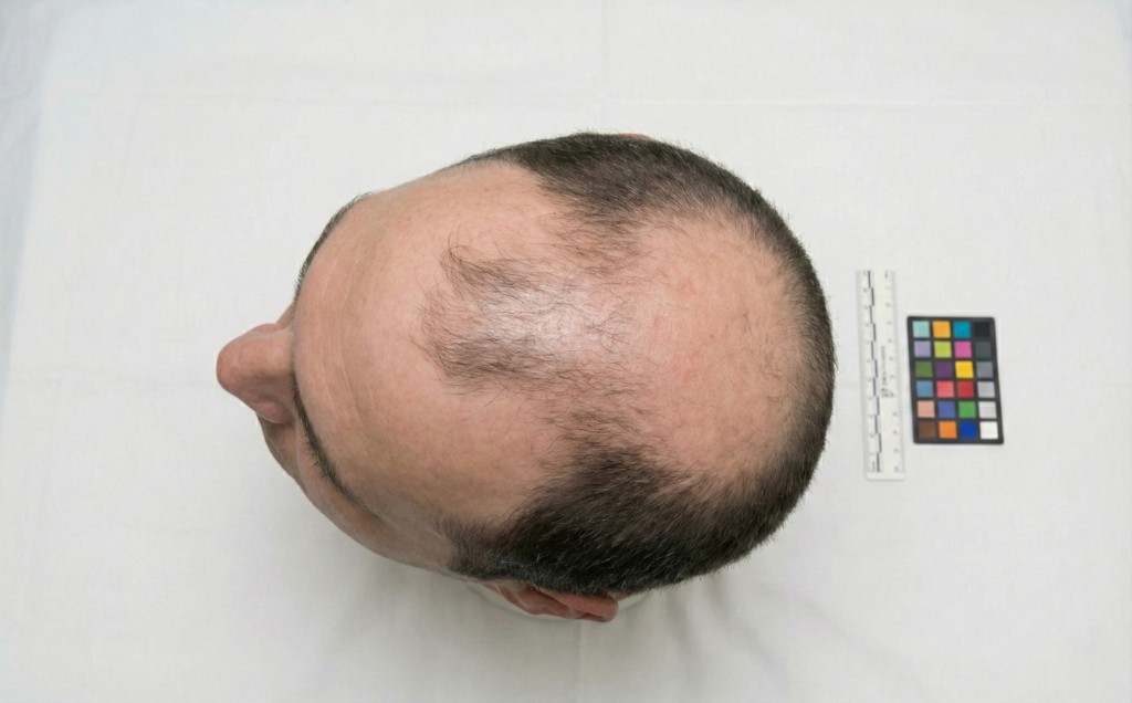 Vue du dessus du cuir chevelu d'un homme présentant une calvitie stade 5 de l'échelle de Norwood-Hamilton — Stade 5 — Calvitie avancée