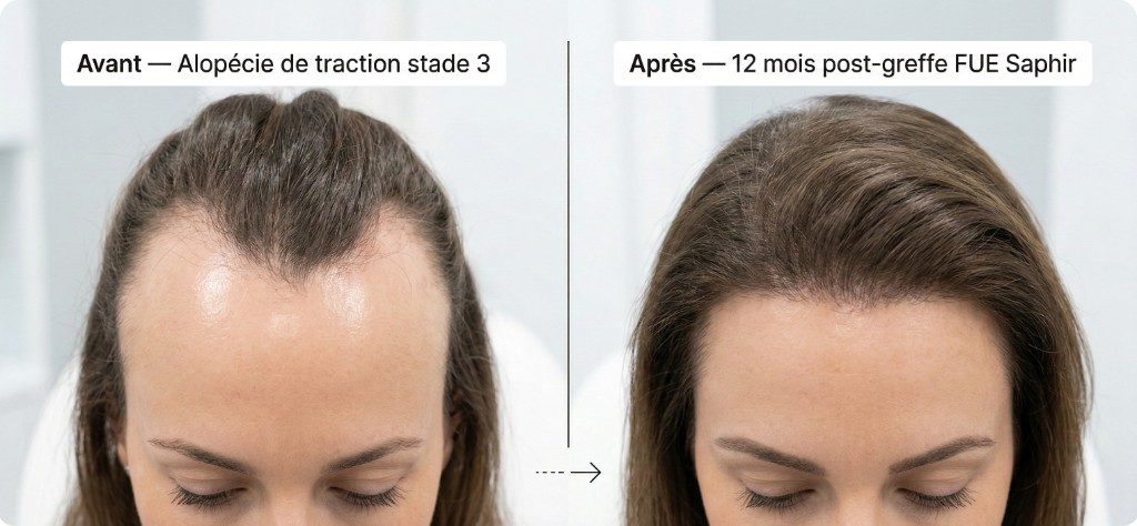 Comparaison avant/après d'une greffe FUE Saphir pour alopécie de traction stade 3 : à gauche, ligne frontale avec recul significatif et zones lisses sans follicules typiques du stade cicatriciel — à droite, résultat à 12 mois post-greffe avec ligne frontale restaurée, densité naturelle et intégration harmonieuse avec les cheveux existants
