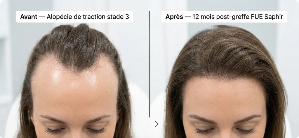 Résultat avant/après greffe FUE Saphir pour alopécie de traction stade 3 — 12 mois post-opératoire | Renaissance Clinique Comparaison avant/après d'une greffe FUE Saphir pour alopécie de traction stade 3 : à gauche, ligne frontale avec recul significatif et zones lisses sans follicules typiques du stade cicatriciel — à droite, résultat à 12 mois post-greffe avec ligne frontale restaurée, densité naturelle et intégration harmonieuse avec les cheveux existants