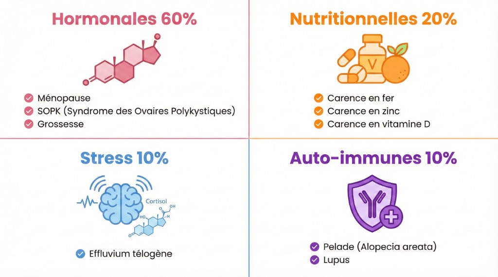 Infographie des 4 causes de la calvitie féminine avec répartition : hormonales 60 % (ménopause, SOPK, grossesse), nutritionnelles 20 % (carence en fer, zinc, vitamine D), stress 10 % (effluvium télogène, cortisol) et auto-immunes 10 % (pelade, lupus)