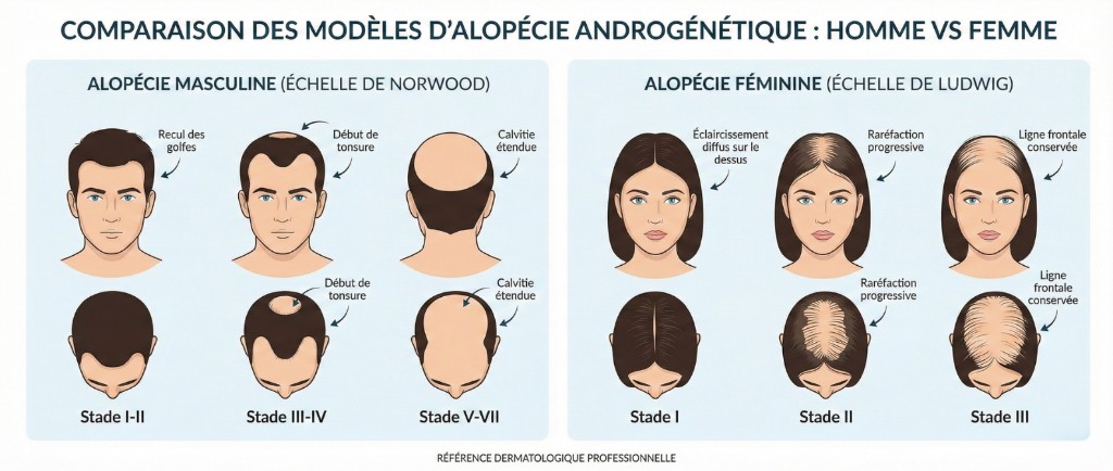 Comparaison des modèles d'alopécie androgénétique homme vs femme : alopécie masculine (échelle de Norwood — stades I-II, III-IV, V-VII) et alopécie féminine (échelle de Ludwig — stades I, II, III) avec illustrations des patterns de perte capillaire