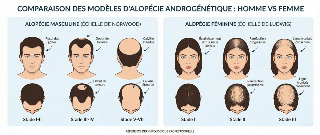 Comparaison Alopécie Masculine (Norwood) vs Alopécie Féminine (Ludwig) — Référence Dermatologique | Renaissance Clinique Comparaison des modèles d'alopécie androgénétique homme vs femme : alopécie masculine (échelle de Norwood — stades I-II, III-IV, V-VII) et alopécie féminine (échelle de Ludwig — stades I, II, III) avec illustrations des patterns de perte capillaire