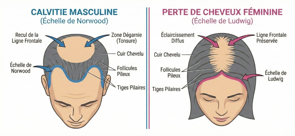 Calvitie masculine vs féminine : patterns de perte de cheveux — Échelle Norwood vs Ludwig | Renaissance Clinique Schéma comparatif de la calvitie masculine (échelle de Norwood, recul de la ligne frontale et zone dégarnie au vertex) et de la calvitie féminine (échelle de Ludwig, éclaircissement diffus de la raie médiane avec ligne frontale préservée) — follicules pileux, tiges pilaires et cuir chevelu annotés