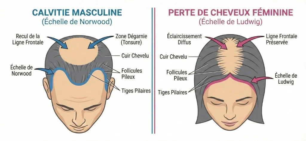 Schéma comparatif de la calvitie masculine (échelle de Norwood, recul de la ligne frontale et zone dégarnie au vertex) et de la calvitie féminine (échelle de Ludwig, éclaircissement diffus de la raie médiane avec ligne frontale préservée) — follicules pileux, tiges pilaires et cuir chevelu annotés