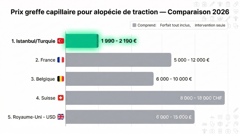 Graphique à barres horizontales comparant les prix de greffe capillaire pour alopécie de traction en 2026 par pays : Istanbul/Turquie 1 990-2 190 € forfait tout inclus (barre verte), France 5 000-12 000 € intervention seule, Belgique 6 000-10 000 €, Suisse 8 000-18 000 CHF, Royaume-Uni 6 000-15 000 £