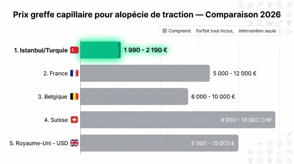 Prix greffe capillaire pour alopécie de traction — Comparaison 2026 Istanbul vs Europe | Renaissance Clinique Graphique à barres horizontales comparant les prix de greffe capillaire pour alopécie de traction en 2026 par pays : Istanbul/Turquie 1 990-2 190 € forfait tout inclus (barre verte), France 5 000-12 000 € intervention seule, Belgique 6 000-10 000 €, Suisse 8 000-18 000 CHF, Royaume-Uni 6 000-15 000 £