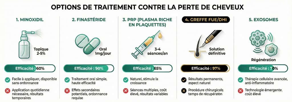 Comparatif des 5 options de traitement contre la perte de cheveux : 1. Minoxidil (topique 2-5%, efficacité 60%, facile à appliquer, application quotidienne nécessaire) — 2. Finastéride (oral 1mg/jour, efficacité 90%, haute efficacité, effets secondaires potentiels) — 3. PRP plasma riche en plaquettes (3-4 séances/an, efficacité 65%, naturel et stimule la croissance, coût élevé et résultats variables) — 4. Greffe FUE/DHI (solution définitive, efficacité 97%, résultats permanents et naturels, procédure chirurgicale) — 5. Exosomes (régénération cellulaire, efficacité 70%, thérapie avancée anti-inflammatoire, technologie émergente)