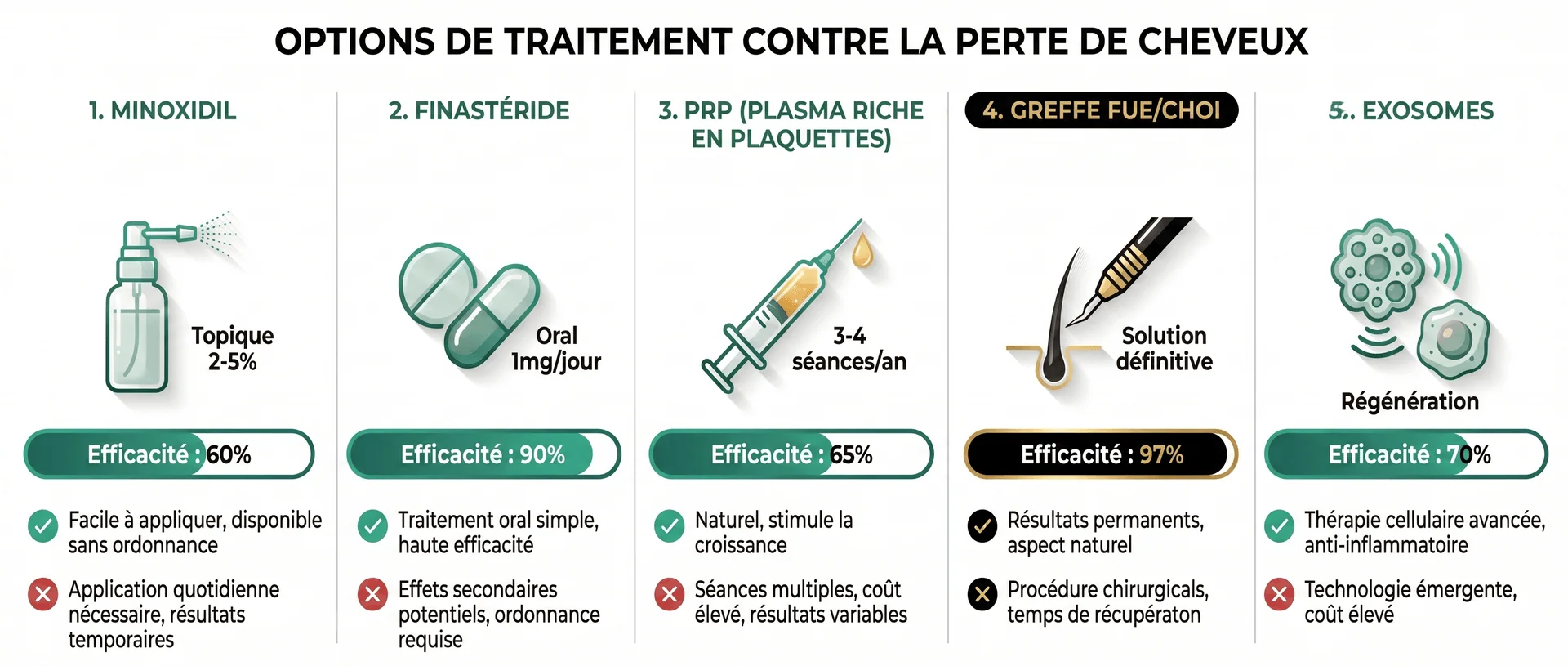 Comparatif des 5 options de traitement contre la perte de cheveux : 1. Minoxidil (topique 2-5%, efficacité 60%, facile à appliquer, application quotidienne nécessaire) — 2. Finastéride (oral 1mg/jour, efficacité 90%, haute efficacité, effets secondaires potentiels) — 3. PRP plasma riche en plaquettes (3-4 séances/an, efficacité 65%, naturel et stimule la croissance, coût élevé et résultats variables) — 4. Greffe FUE/Choi Pen (solution définitive, efficacité 97%, résultats permanents et naturels, procédure chirurgicale) — 5. Exosomes (régénération cellulaire, efficacité 70%, thérapie avancée anti-inflammatoire, technologie émergente)