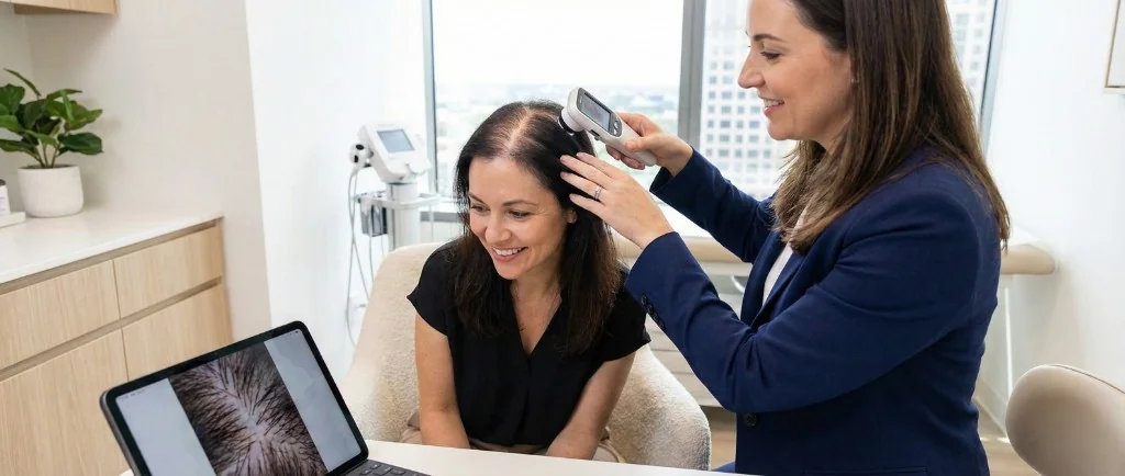 Consultation trichoscopique pour calvitie féminine : une spécialiste examine le cuir chevelu d'une patiente avec un dermatoscope numérique, image agrandie des follicules pileux affichée sur l'écran d'ordinateur dans un cabinet médical moderne